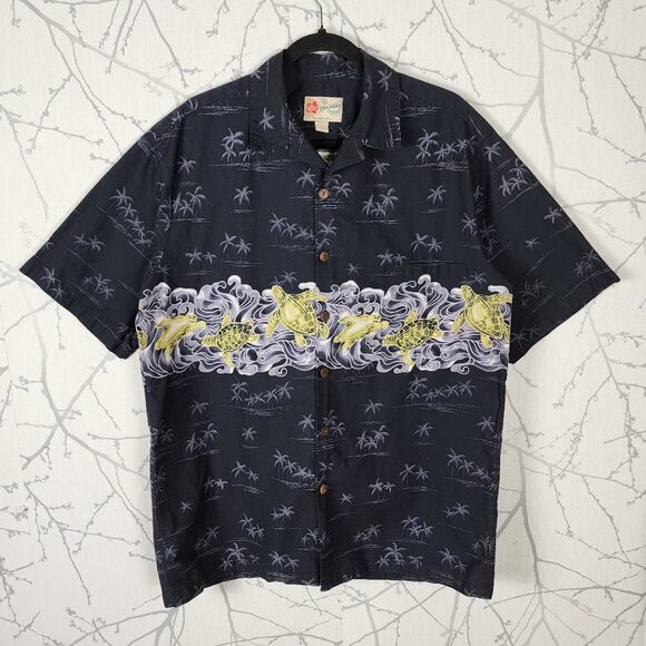 Hilo Hattie Black Palm Trees Turtles Print 100% Cotton Camp Shirt - Picture 1 of 7